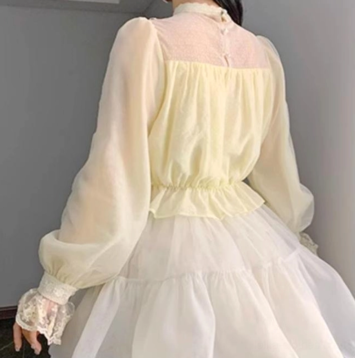 Love Poem cream sheer lolita inner top back medium shot lace panel back yoke transparent sleeves white tiered skirt