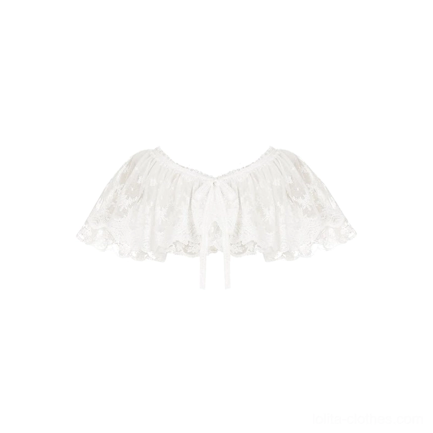 Love Poem white lolita shawl pleated lace collar double-layered embroidered hem detail