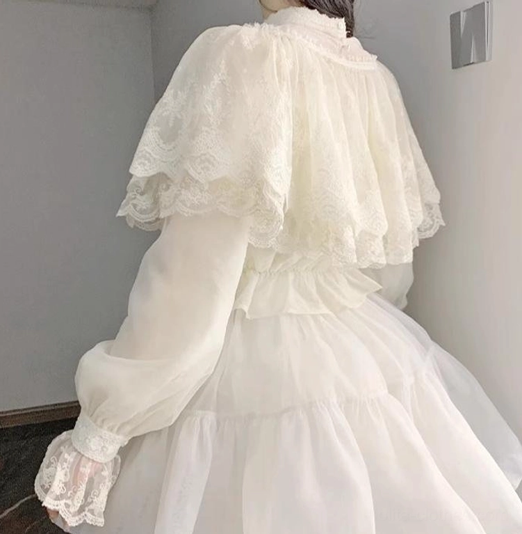 Love Poem white ruffled lolita inner top back overhead view layered lace capelet design back yoke white tulle skirt