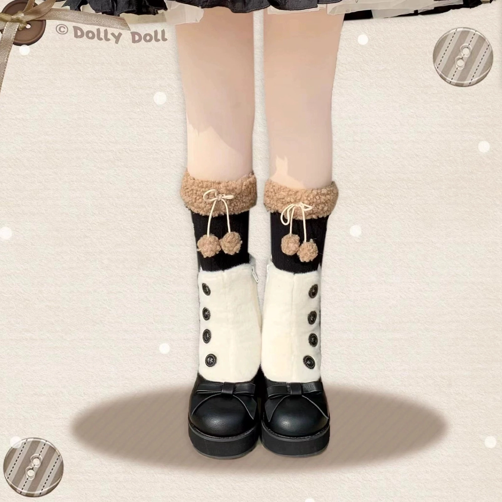 Lower body lolita outfit featuring winter mary jane boots with faux fur detail button embellishment matched with ruffled skirt mirror backdrop