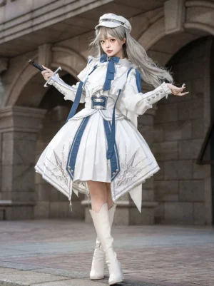 Full front view of Luminous Cavalier military lolita set featuring silver-haired model in complete ensemble with white and navy blue coloring, structured military silhouette, and knight sword prop accessory