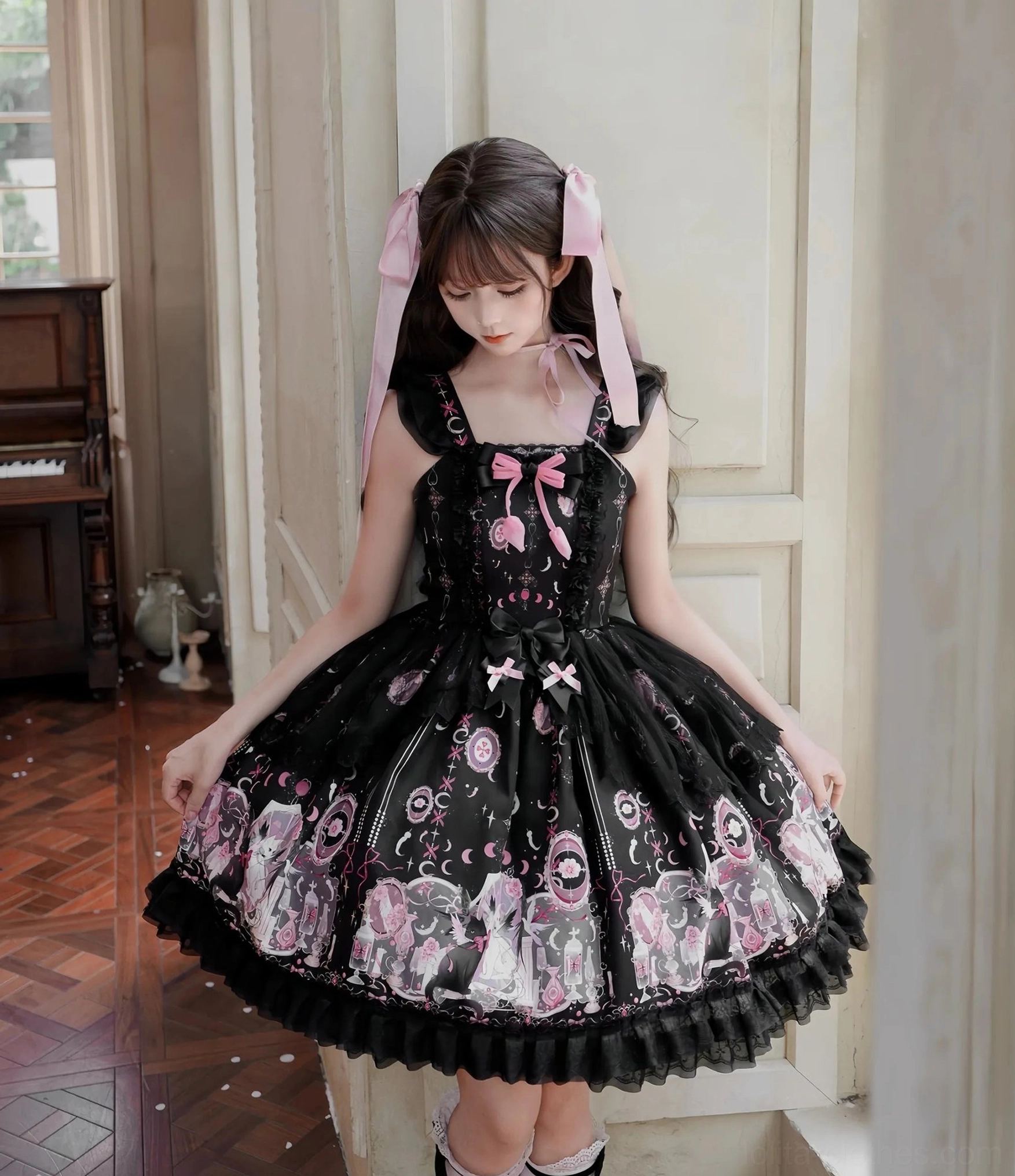 Lunar Cat Crown Sweet Lolita JSK Jumper Skirt - Black with Angel Cat Moon Print - Front Close-up Detail View Showing Pink Bow Neckline and Printed Motifs