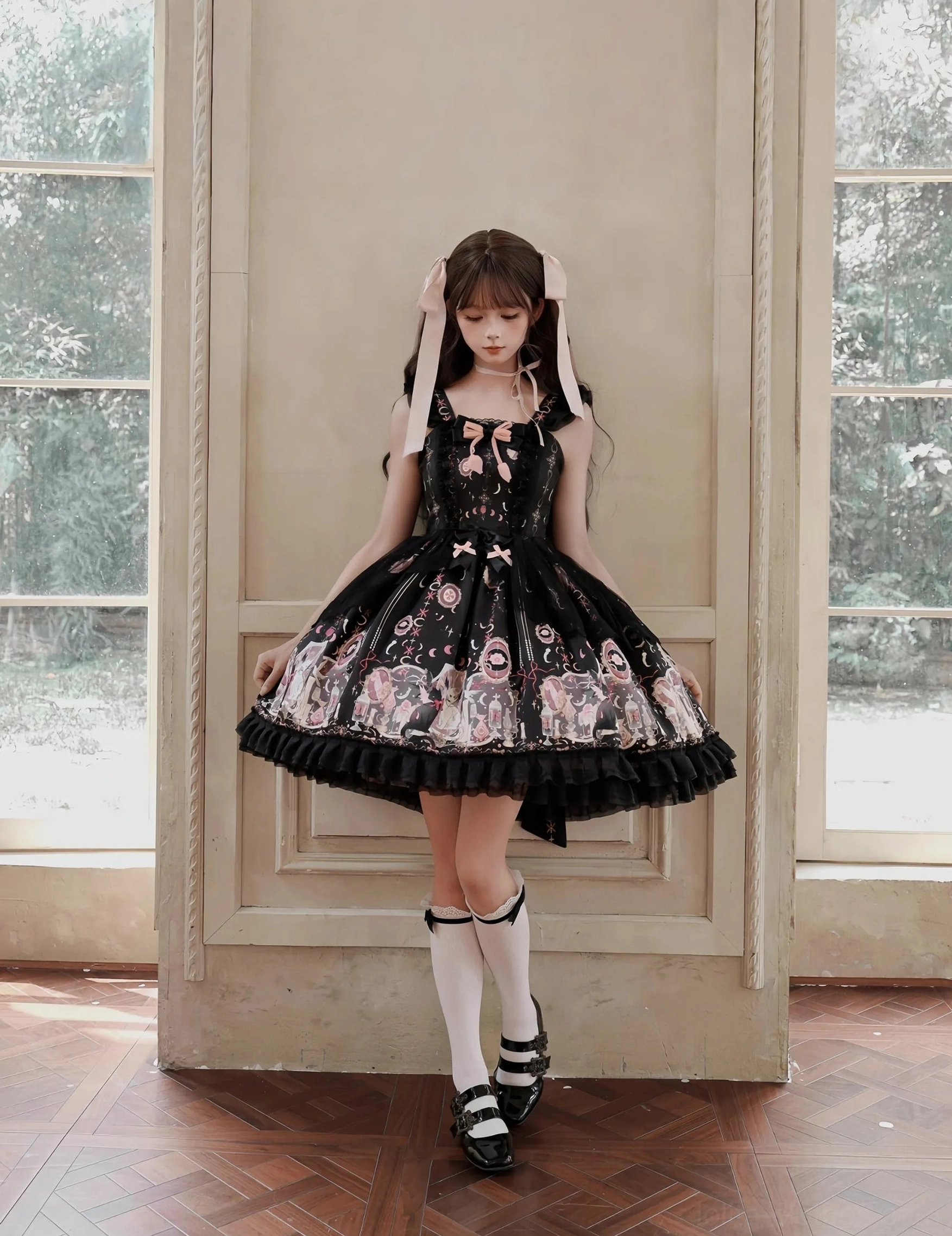 Lunar Cat Crown Sweet Lolita JSK - Front Three-Quarter View Showing Square Neckline Adjustable Straps and Angel Cat Moon Print Design Details