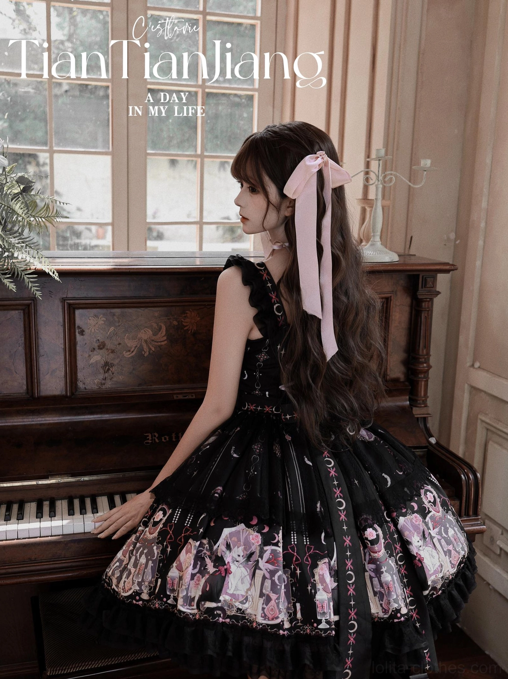 Lunar Cat Crown Sweet Lolita Black JSK - Side Back View Showing Ruffled Hem Lace Detail and Back Shirring Structure with Consistent Print Pattern