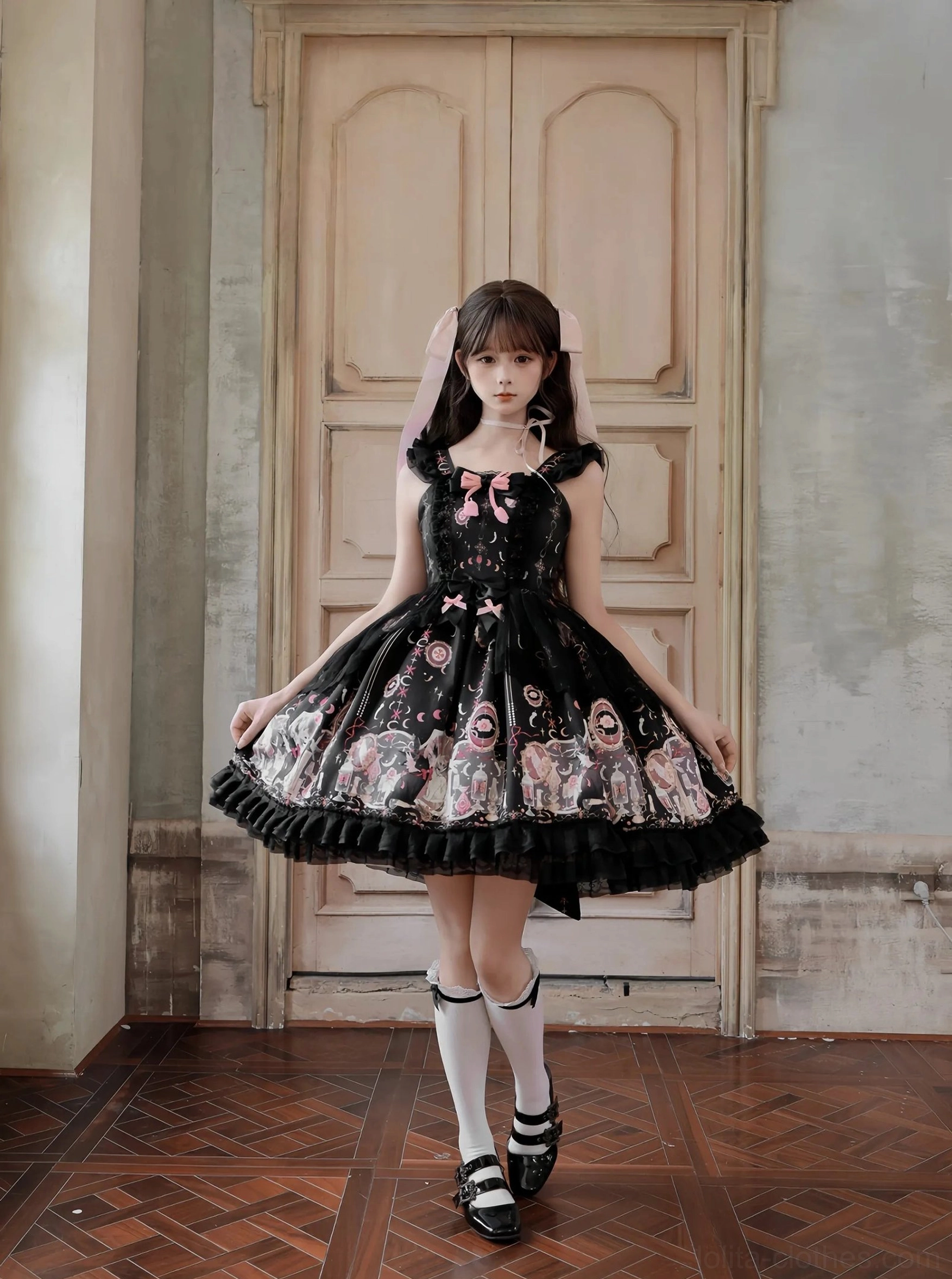 Lunar Cat Crown Sweet Lolita Black JSK Jumper Skirt - Full Body Front View Modeling with White Stockings and Mary Jane Shoes - Complete Lolita Outfit Styling