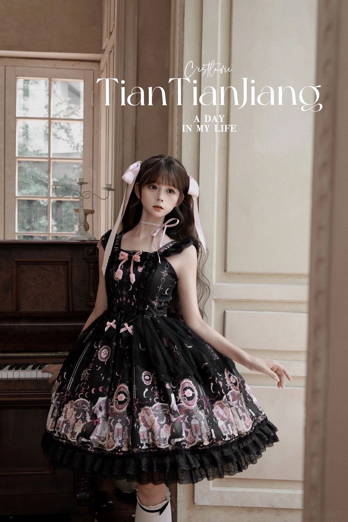 Lunar Cat Crown Sweet Lolita JSK Jumper Skirt - Angel Cat Moon Print Close-up Detail Showcase of Fabric Pattern Quality and Print Resolution