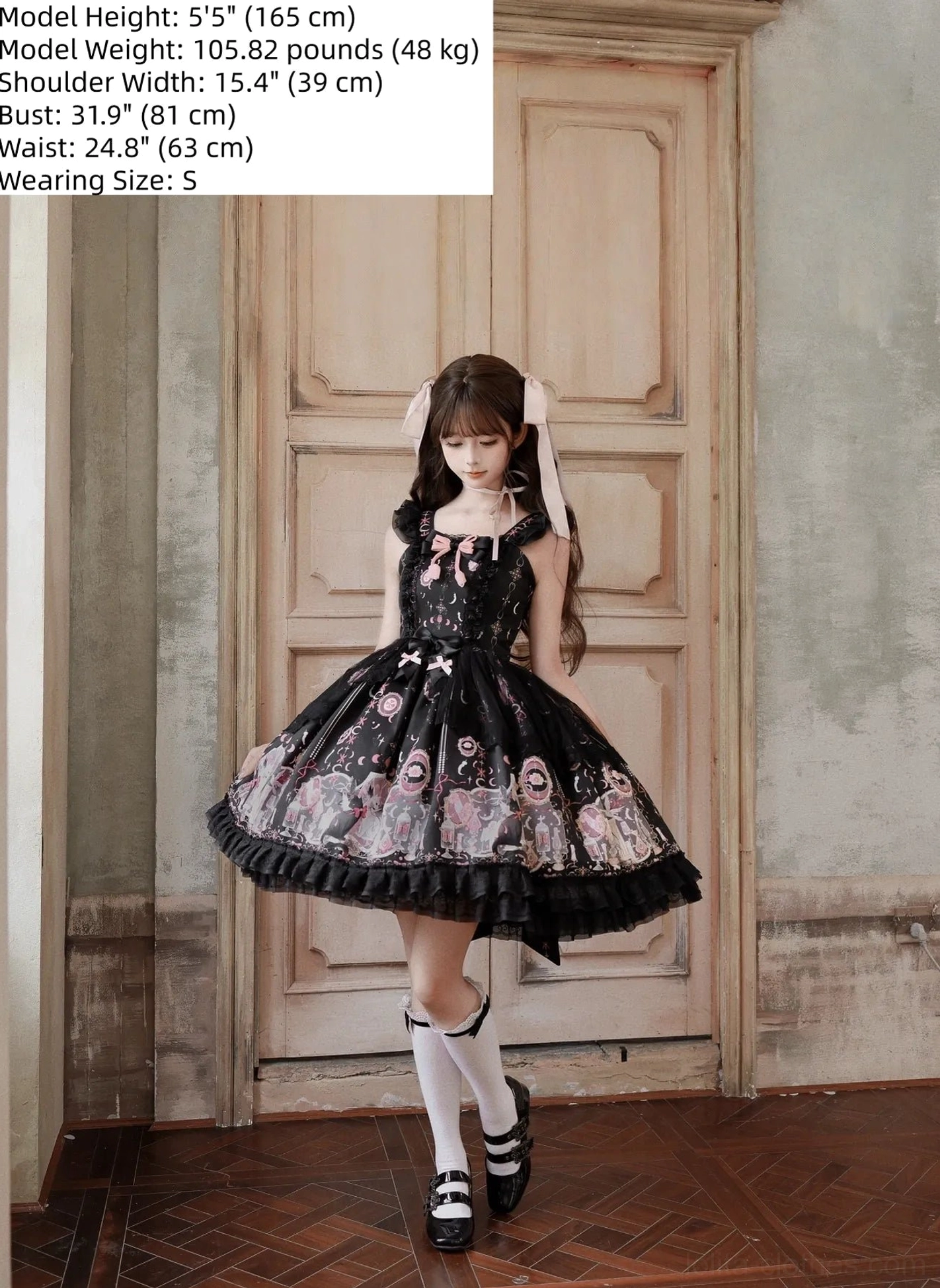 Lunar Cat Crown Sweet Lolita JSK Jumper Skirt Size S - Full Length Front View on Model 165cm Displaying Classic A-Line Silhouette and Print Coverage