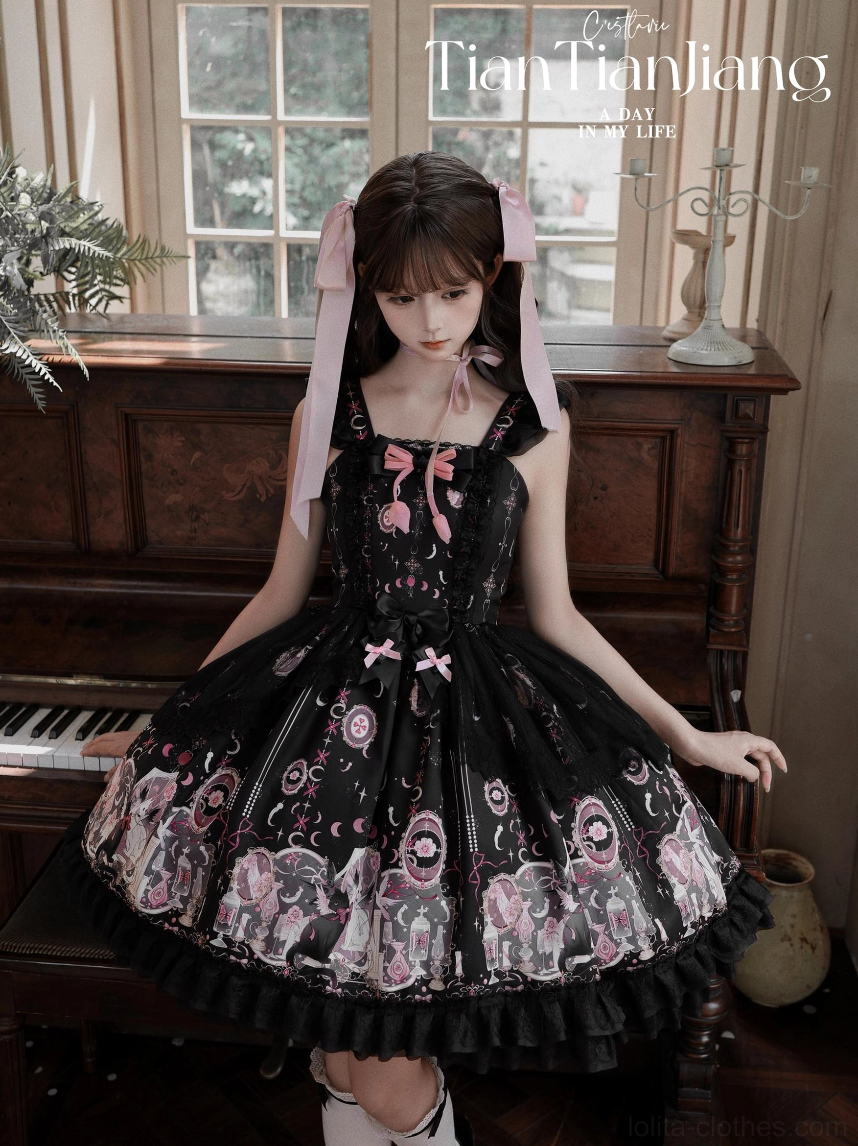 Lunar Cat Crown Sweet Lolita JSK Jumper Skirt - Three-Quarter View Beside Piano Displaying Fitted Bodice and Detailed Celestial Print Pattern