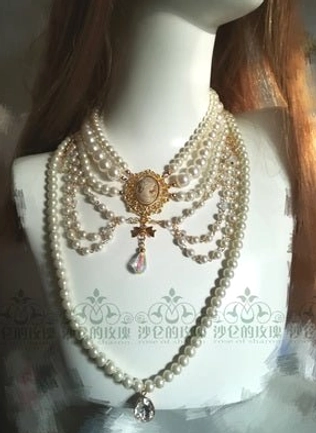 Luxuriant upgraded white pearl choker necklace with premium cameo carving and enhanced pearl layering, professional product photography showing refined detail work and ornate gold embellishments for collector Lolita jewelry