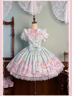 mint green sweet lolita one-piece dress with dessert allover print and lace trims front view on mannequin