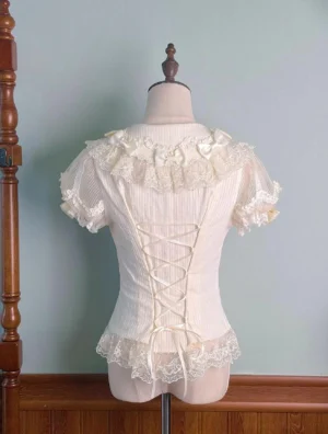 Sweet Macaron Lolita blouse back view cream white lace-up corset back ruffled hem short sleeves