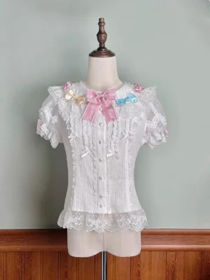 Sweet Macaron Lolita short sleeve blouse front view white base color pink bow Peter Pan collar lace trim