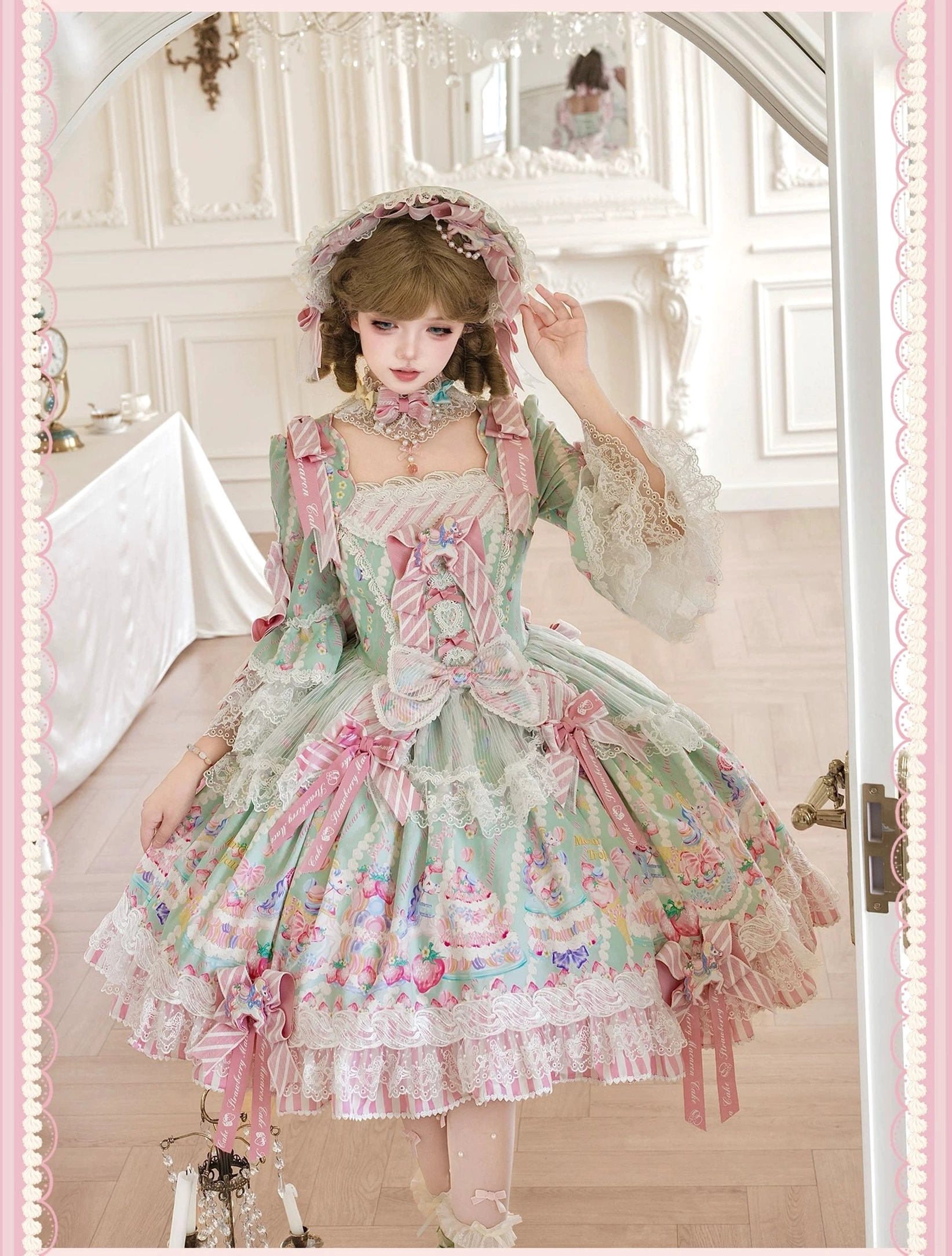 macaron sweet lolita dress coordination styling with vintage accessories and props