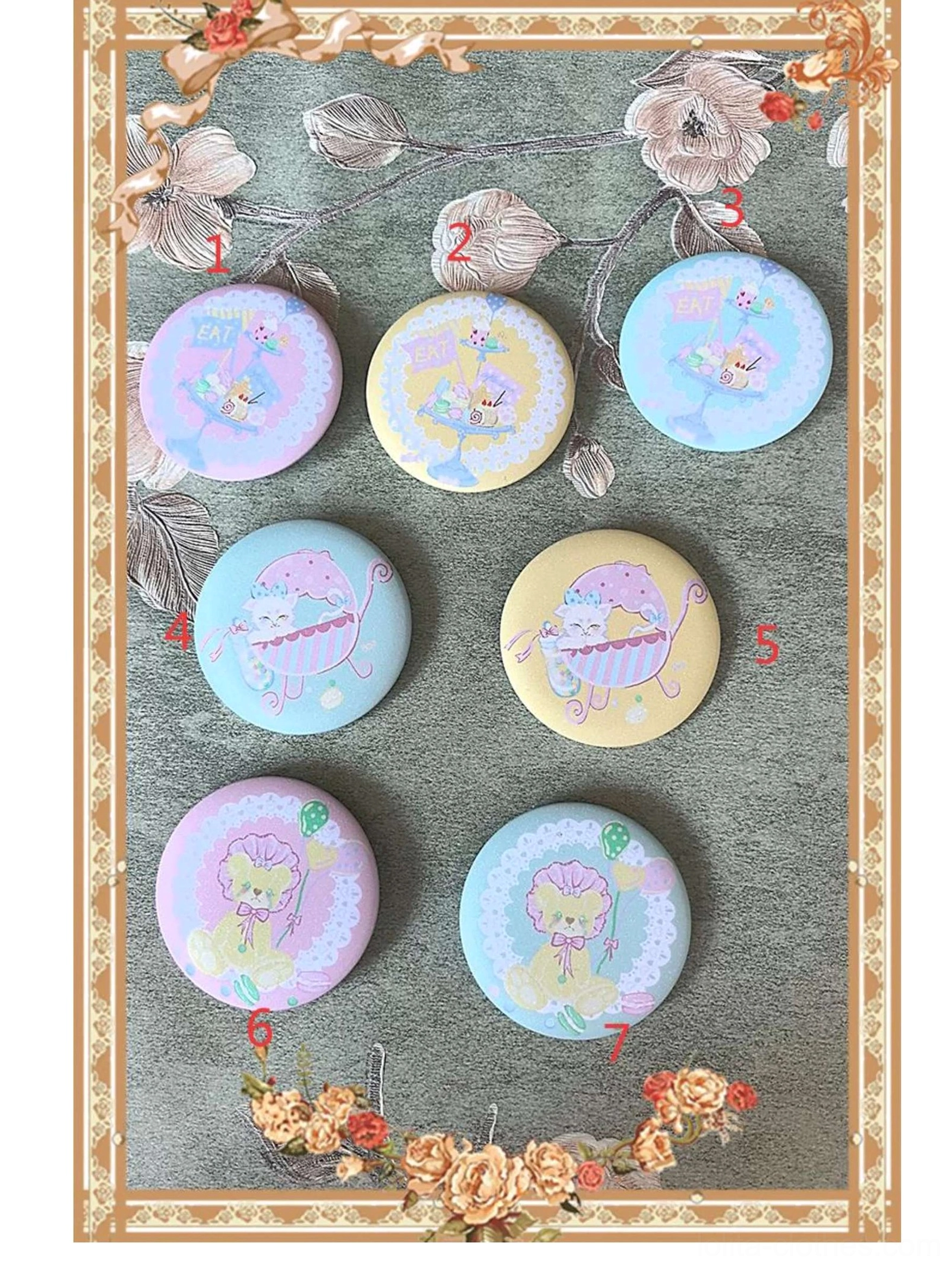 Sweet lolita macaron dress pin badge accessory featuring cute kitten dessert macaron motif collectible enamel pin