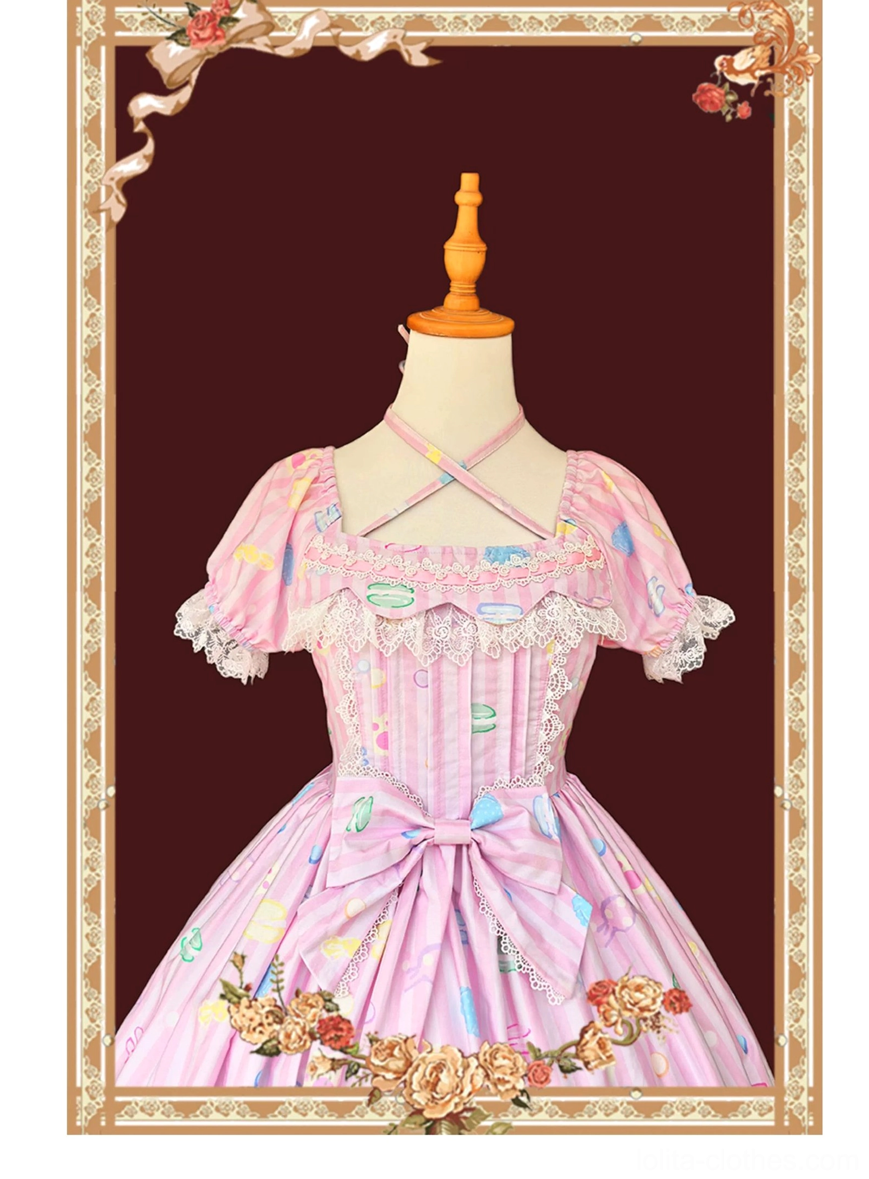 Sweet lolita macaron dress close-up detail view showing lace-trimmed cuffs delicate lace accents and puff sleeve construction