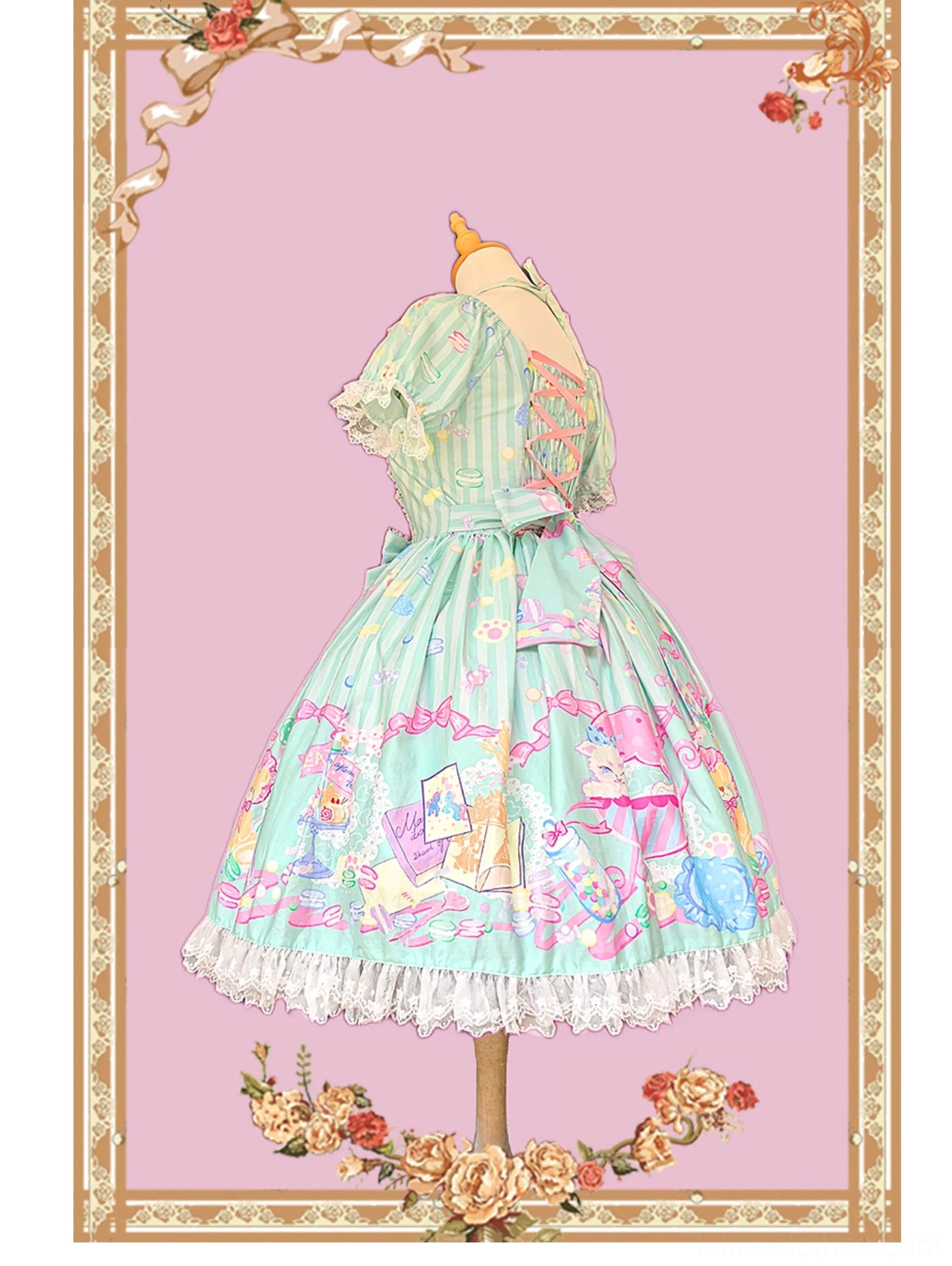Macaron sweet lolita solid mint green one-piece dress back angled view square back neckline lace trim puff sleeves