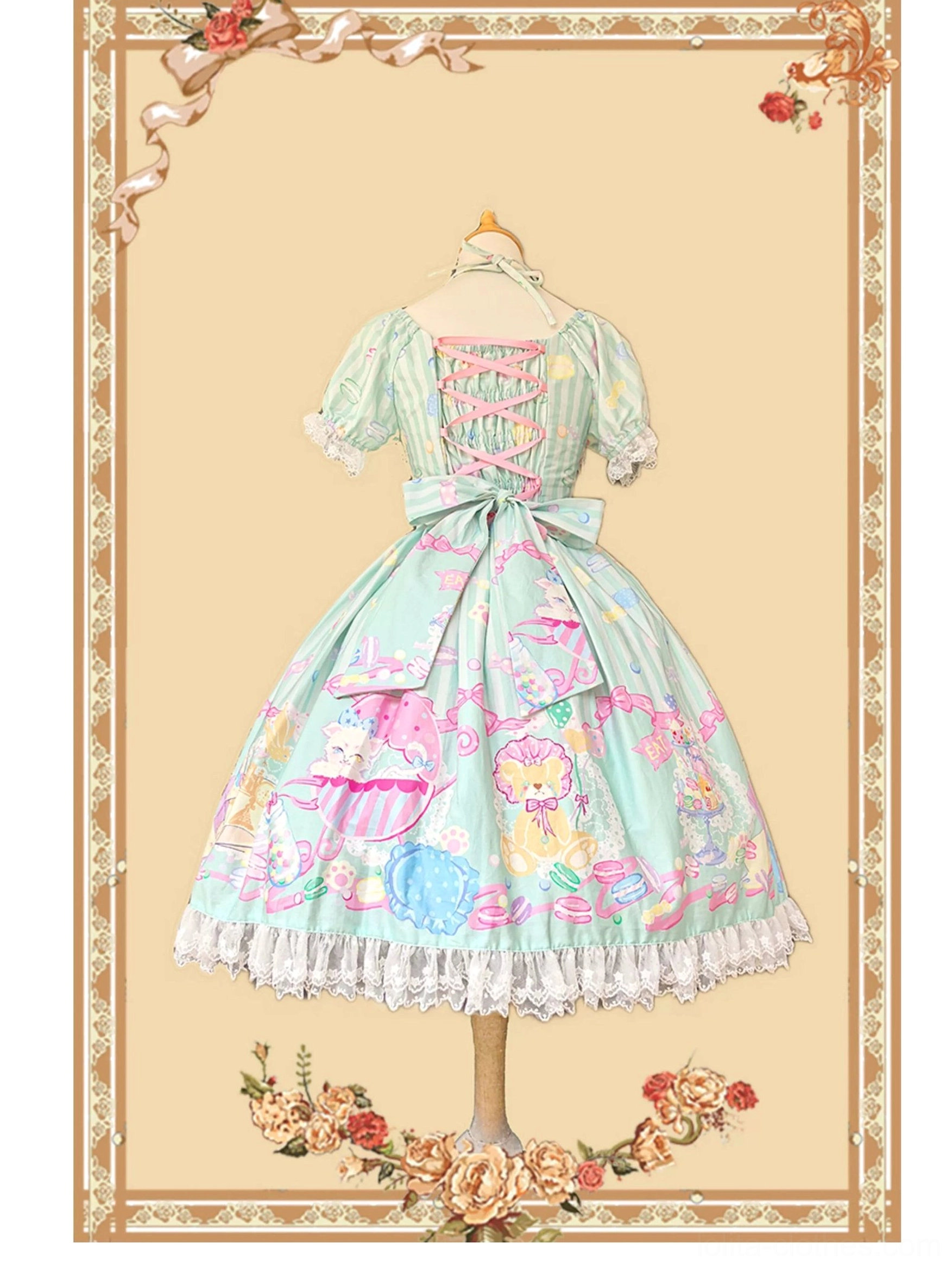 Macaron sweet lolita mint green striped one-piece dress back view lace-up corset waist bow puff sleeves lace hem