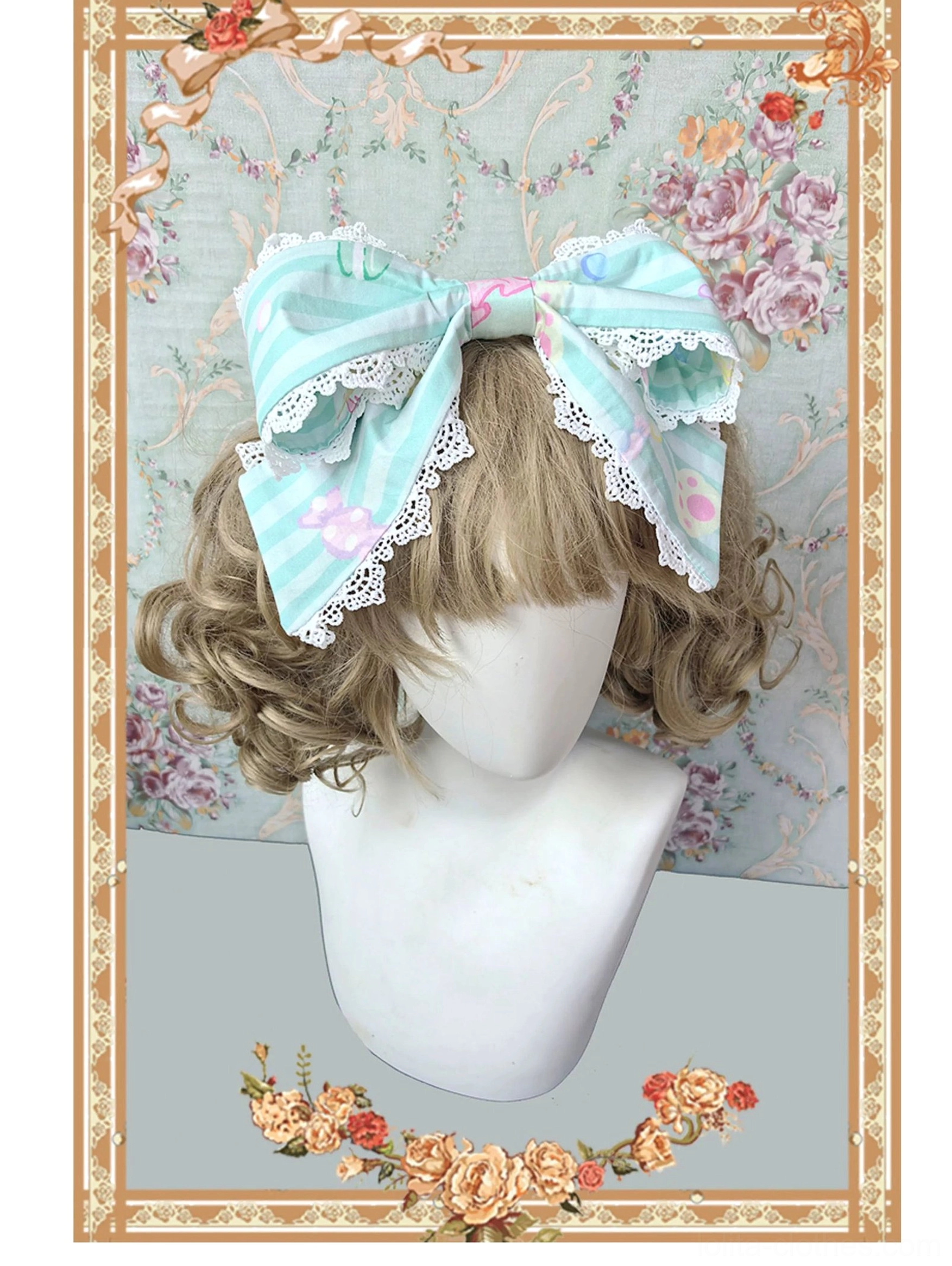 Macaron sweet lolita one-piece dress mint green colorway full styling view with detachable bows lace accents and print