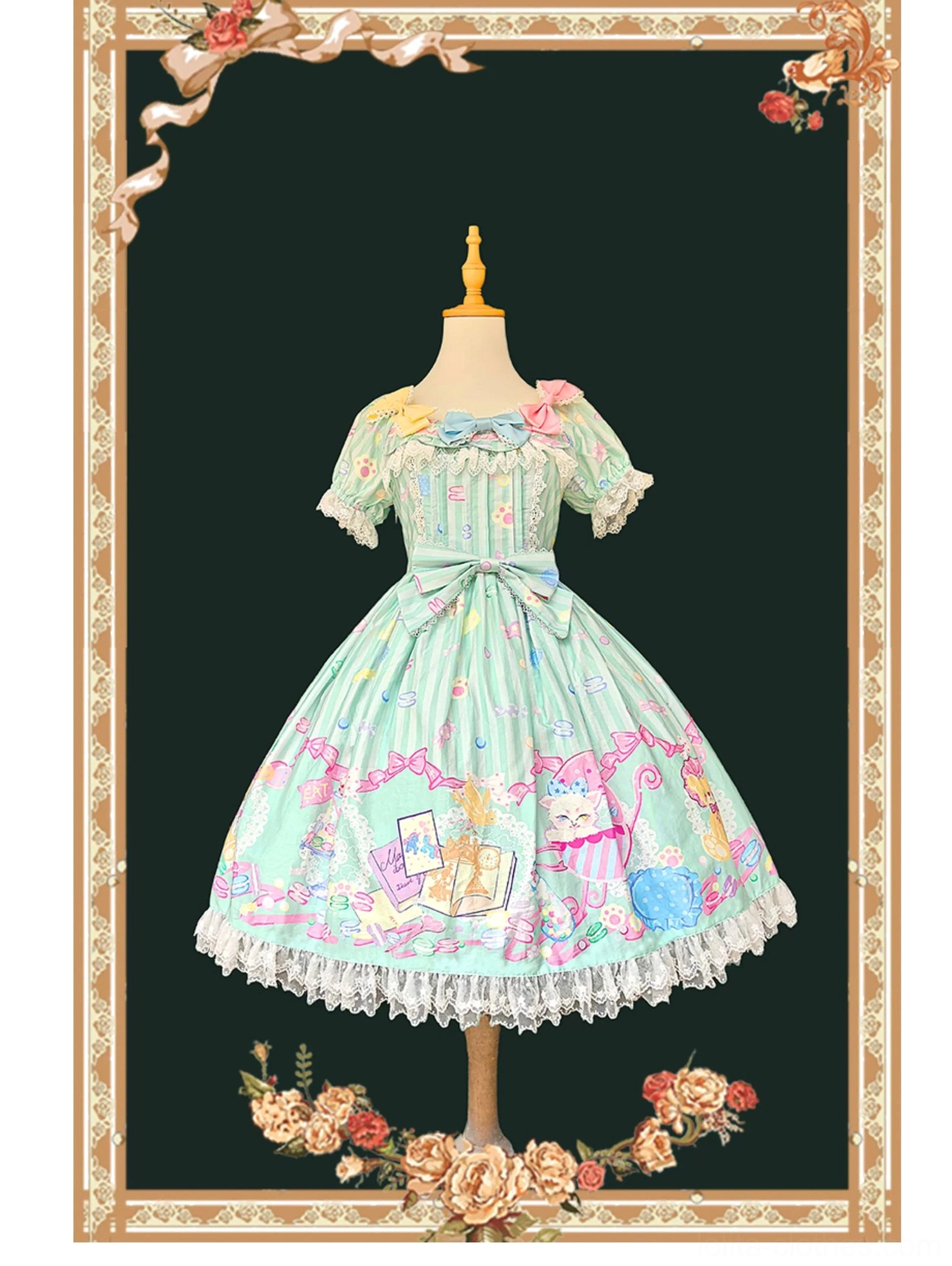 Macaron sweet lolita mint green one-piece dress front view square neckline with lace trim front waist bow A-line skirt