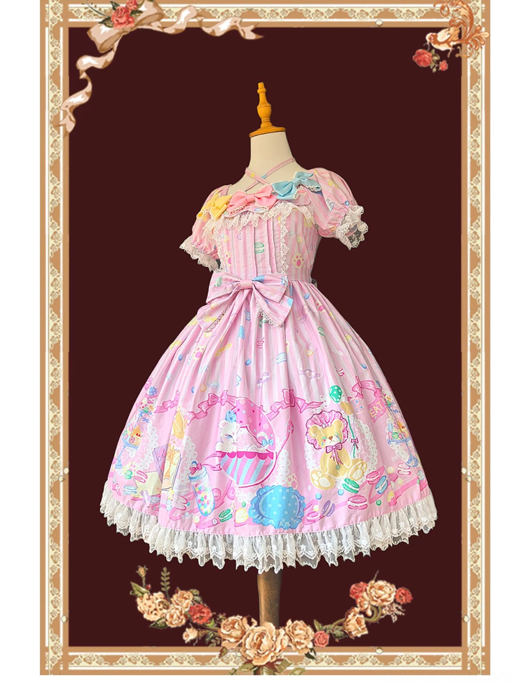 Macaron sweet lolita pink one-piece dress front angled view square neckline with lace trim detachable bow kitten print
