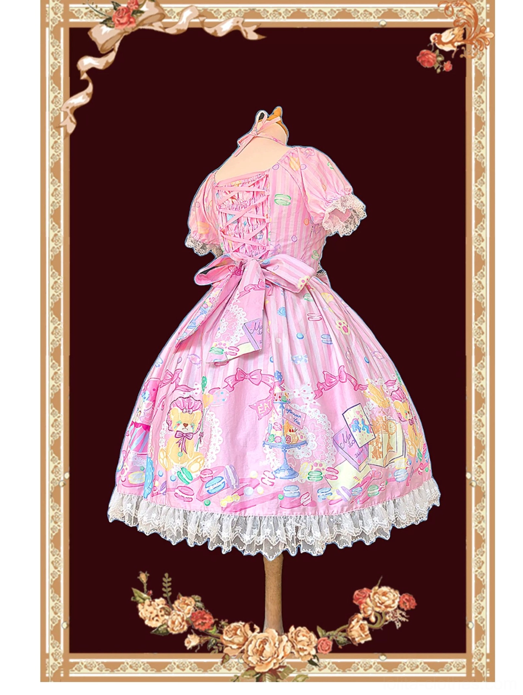 Macaron sweet lolita pink one-piece dress back view with lace-up corset back large waist bow and lace hemmed skirt