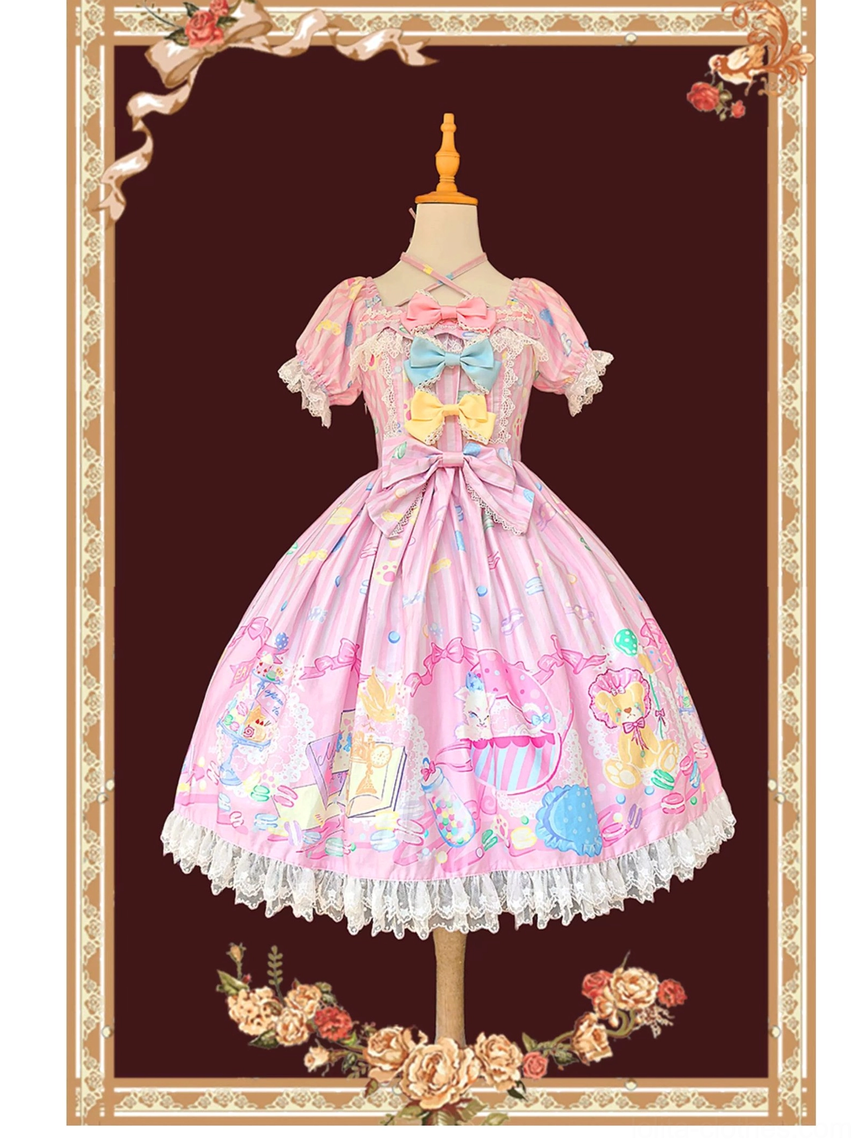 Macaron sweet lolita pink one-piece dress front view with lace-trimmed puff sleeves detachable bow and kitten dessert print