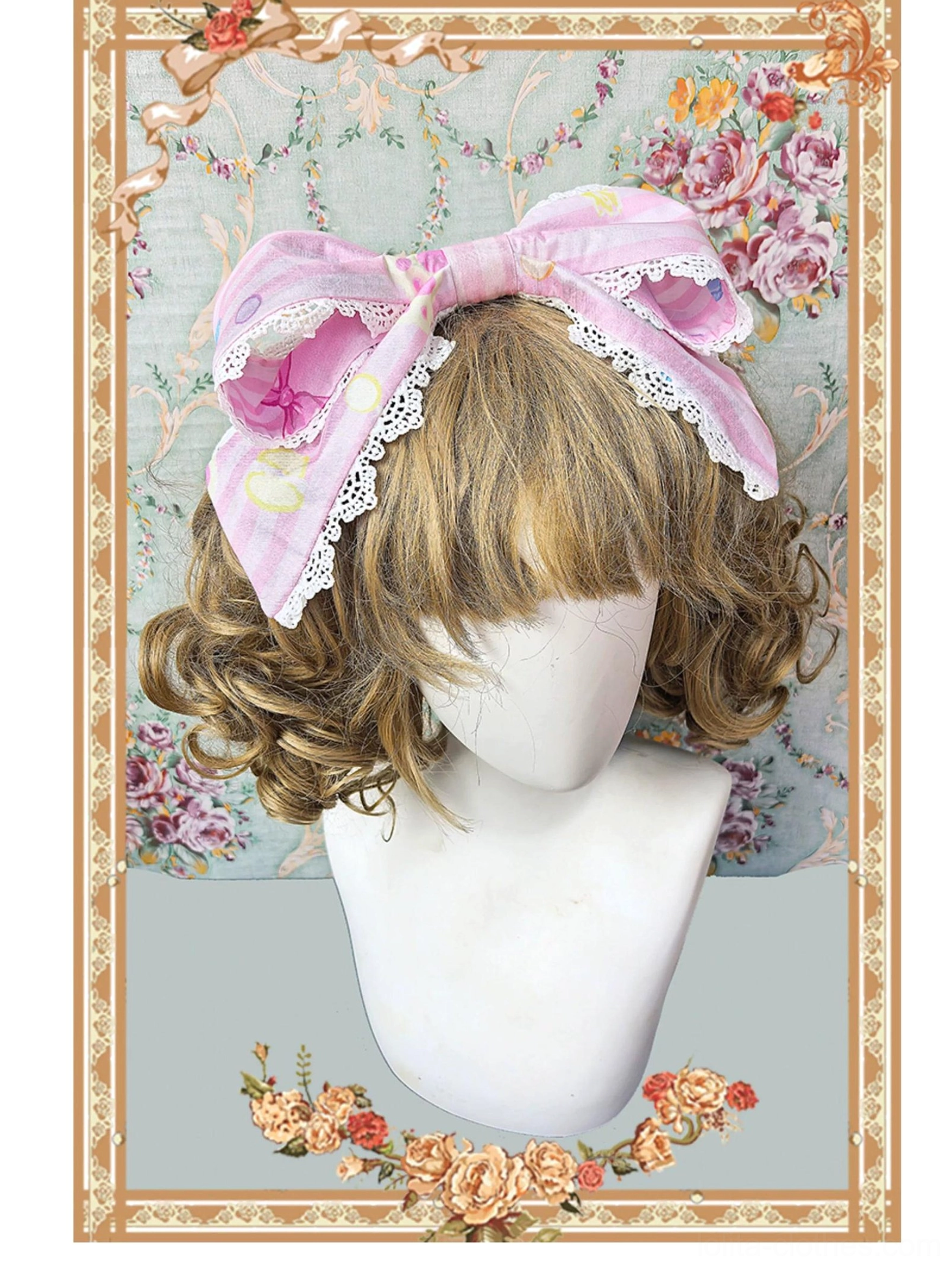 Sweet lolita macaron dress print detail close-up showing kitten cartoon dessert macaron motif pattern quality and colors