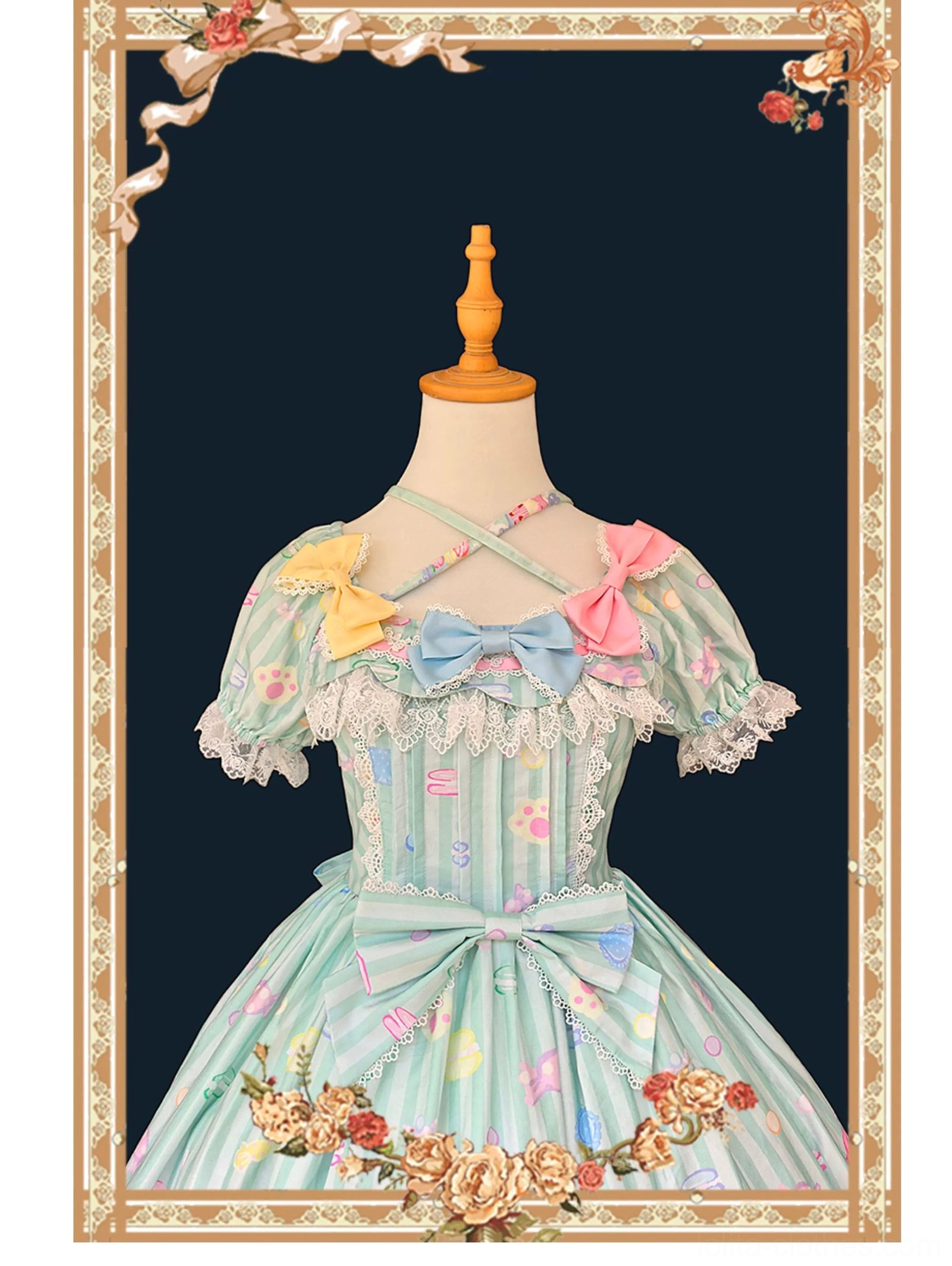 Sweet lolita macaron dress sizing and fit detail view demonstrating how the dress drapes and silhouette proportions