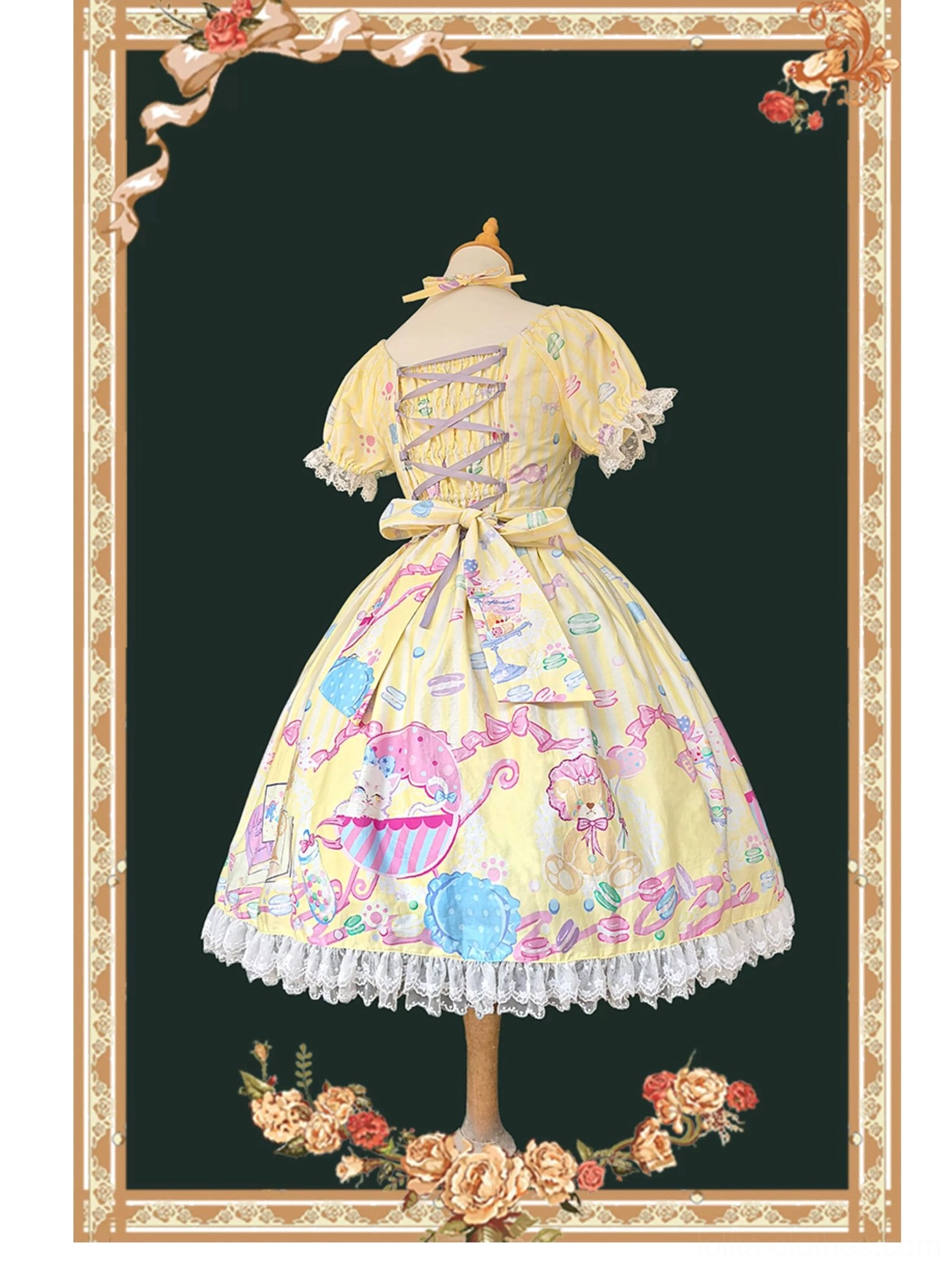 Macaron sweet lolita pale yellow one-piece dress back view lace-up corset design puff sleeves waist bow lace hem