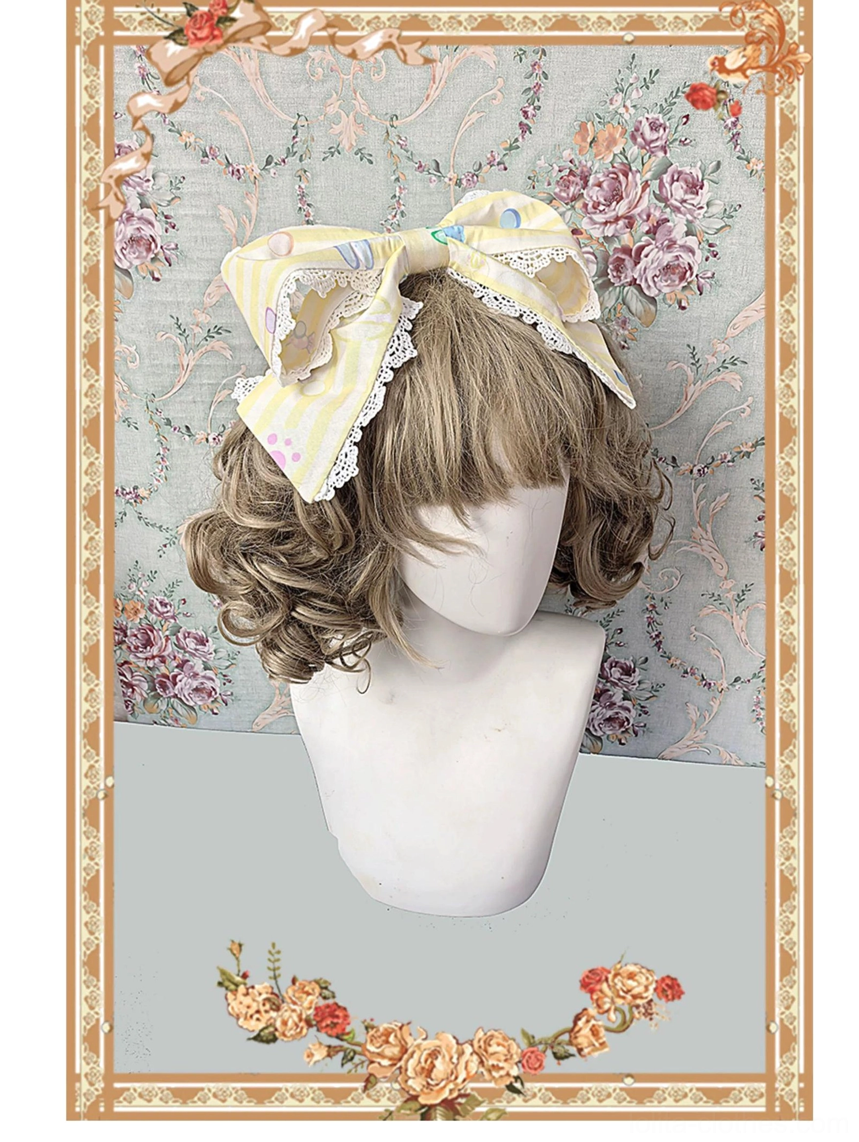 Macaron sweet lolita one-piece dress yellow colorway full styling view with detachable bows lace accents and print