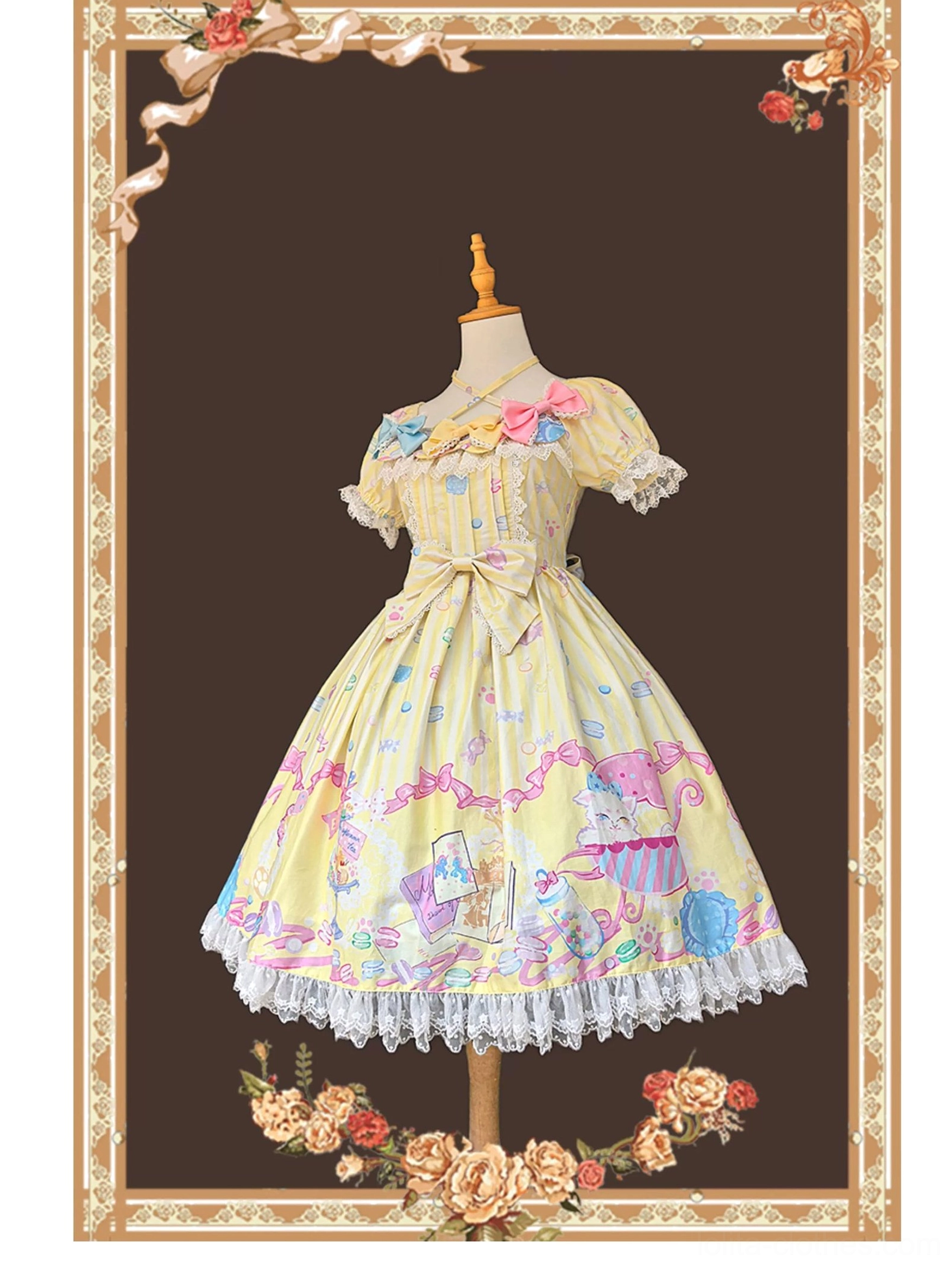 Macaron sweet lolita pale yellow one-piece dress front full view fitted bodice full swing skirt lace hemmed macaron print