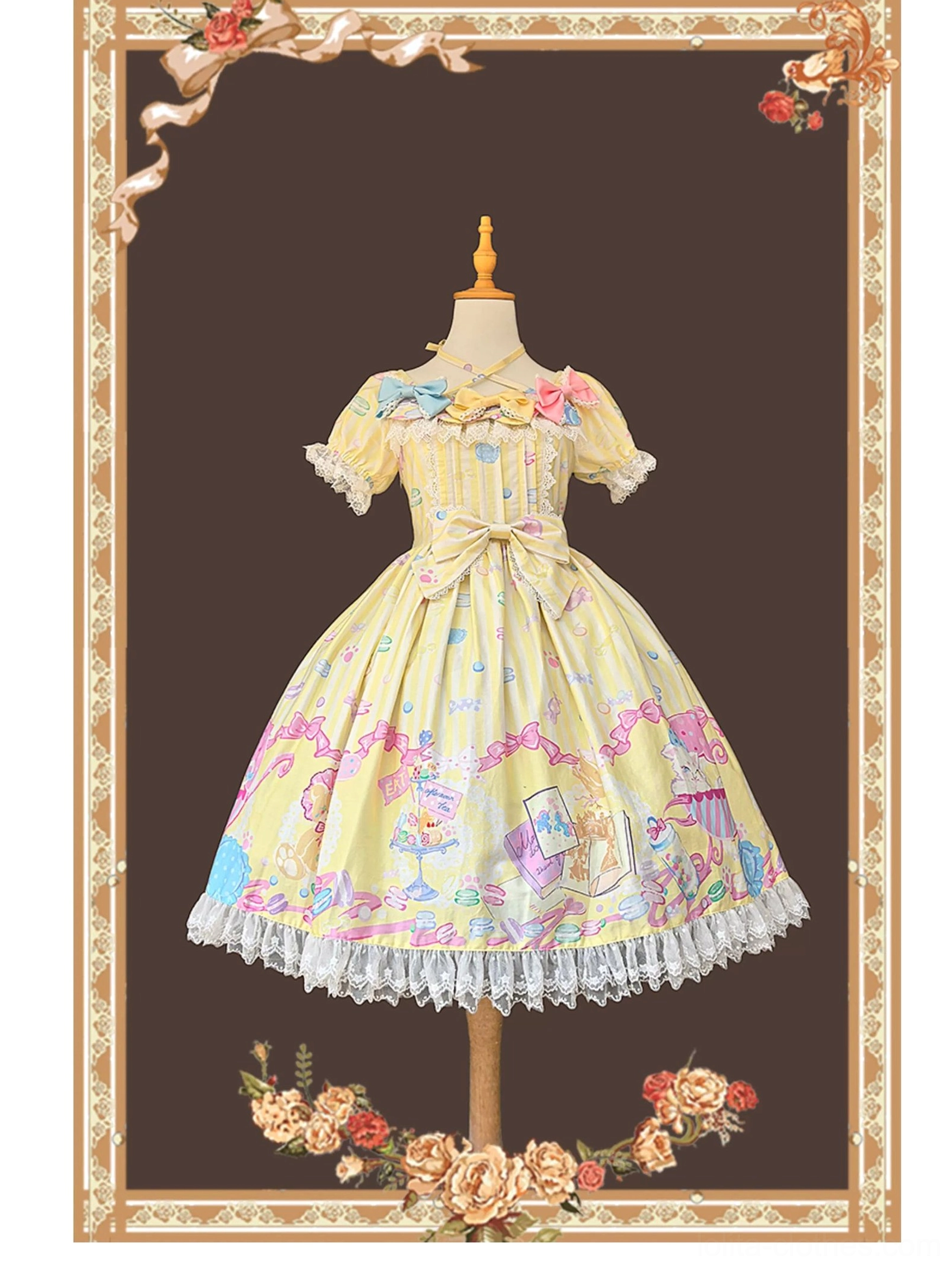 Macaron sweet lolita pale yellow one-piece dress front view with square neckline lace trim front bow and cartoon print