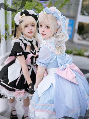 maid inspired lolita op dress side angle view two models outdoor courtyard back bow detachable accessories