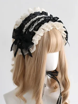 Black and ivory double-layer lace headdress with black mesh bows side view on blonde mannequin, maid lolita hairpiece accessory