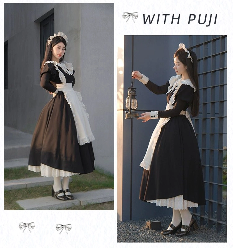 Brown-black variant maid lolita dress with lace apron and hair bow headband worn in outdoor dual-pose