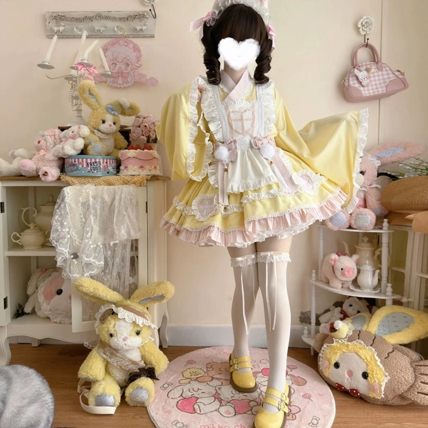 Maid lolita dress color comparison multiple color options available in pink black blue and yellow variations