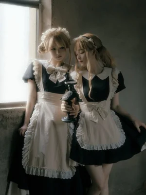 Classic black and white maid lolita dress with lace-trimmed apron and Peter Pan collar on models by window