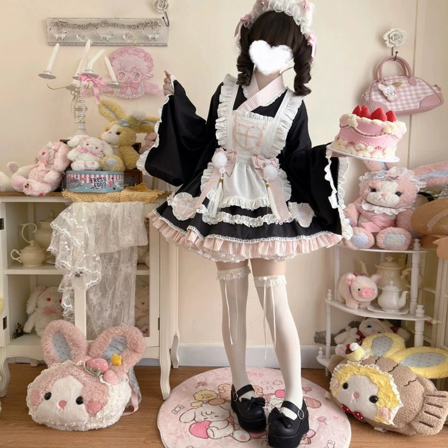 Maid lolita dress packaging presentation showing brand packaging box and complete four-piece set contents