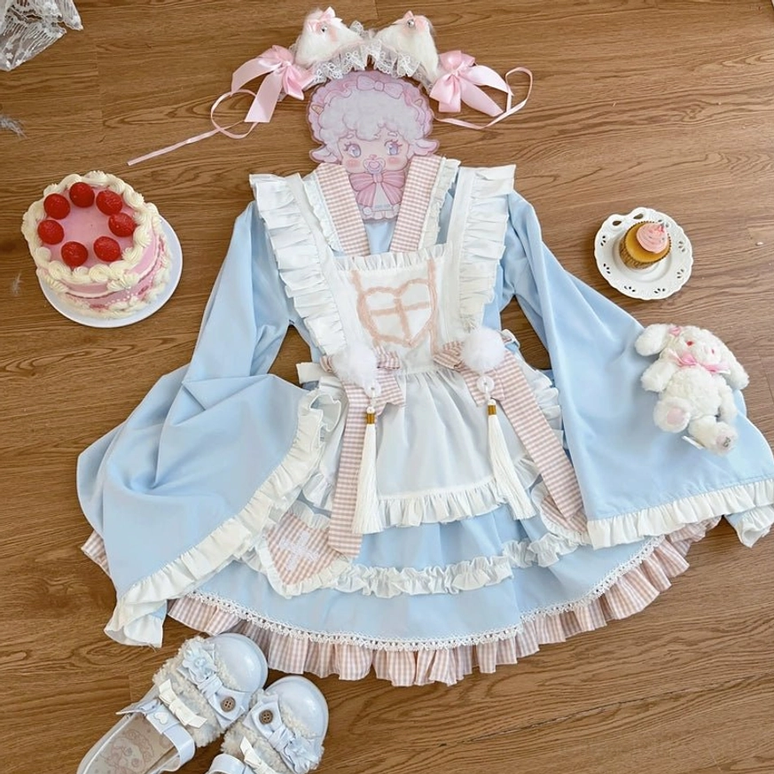 Maid lolita nurse dress set sleeve detail showing loose cuff design pleated construction and flared kimono-style cut