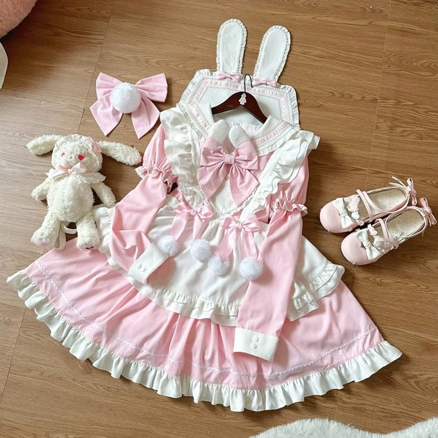 Styling guide flat lay featuring maid lolita dress with coordinating accessories including petticoat, stockings, Mary Jane shoes, headdress, and handbag combinations