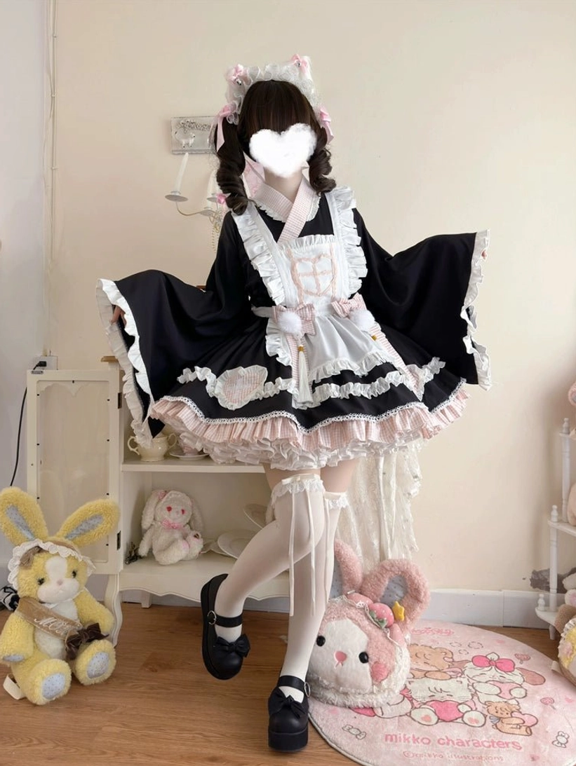 Sweet Meow maid lolita dress waist bow accessory detail showing pom-pom and tassel design on elastic waist