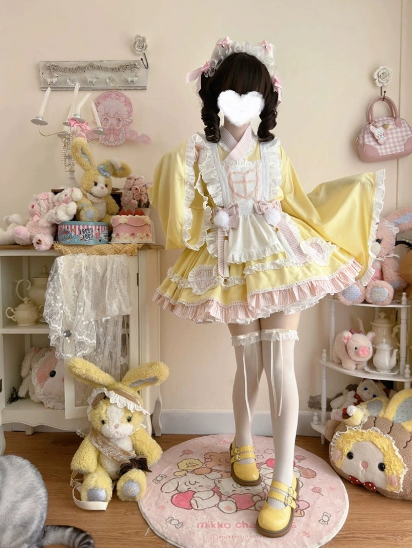 Maid lolita nurse dress set full ensemble layout showing all components top skirt apron and bow pieces