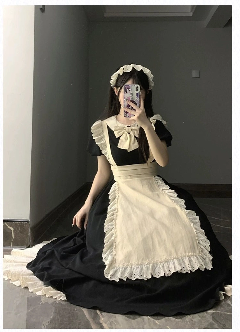 Maid lolita dress long version showing mid-calf length and classical Victorian proportion