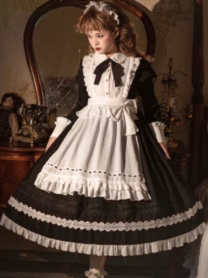 Halloween Gothic maid lolita OP dress pleated bodice layered ruffled apron puff sleeves back three quarter view luxury mirror room