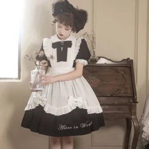 Black and white maid lolita one-piece dress with embroidered skirt hem and ruffled apron front full-body shot