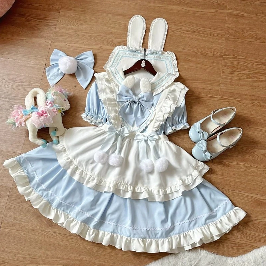 Maid lolita OP dress size comparison flat lay showing S, M, L variants in different color options, silhouette and proportions visible