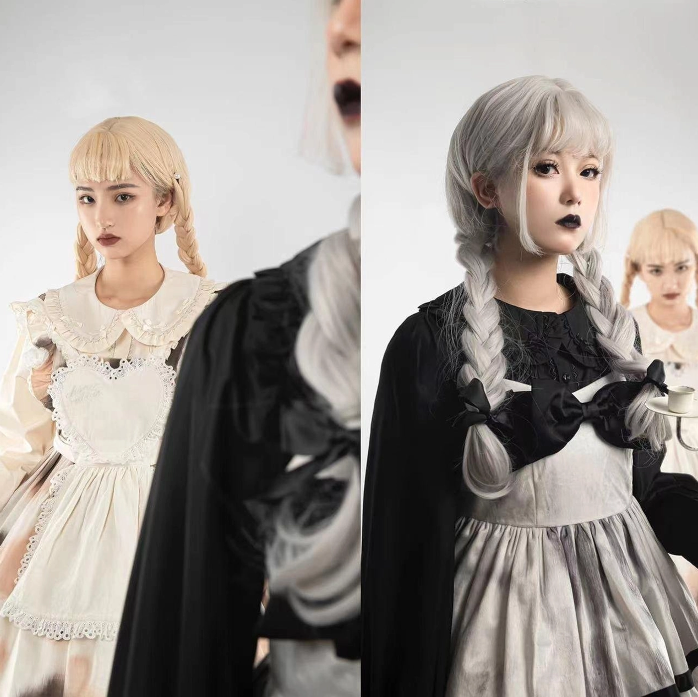 Maid lolita outfit side close-up lace trimmed doll collar white lace apron black tiered skirt bow accent