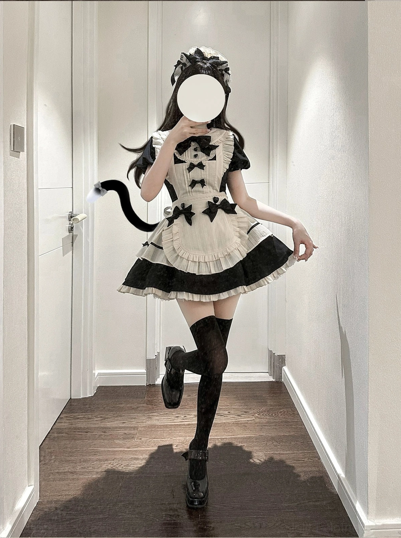 Dynamic full-body view of model running wearing enchanted maidette lolita OP dress with cat ear headbow cat tail black thigh-high socks and platform shoes