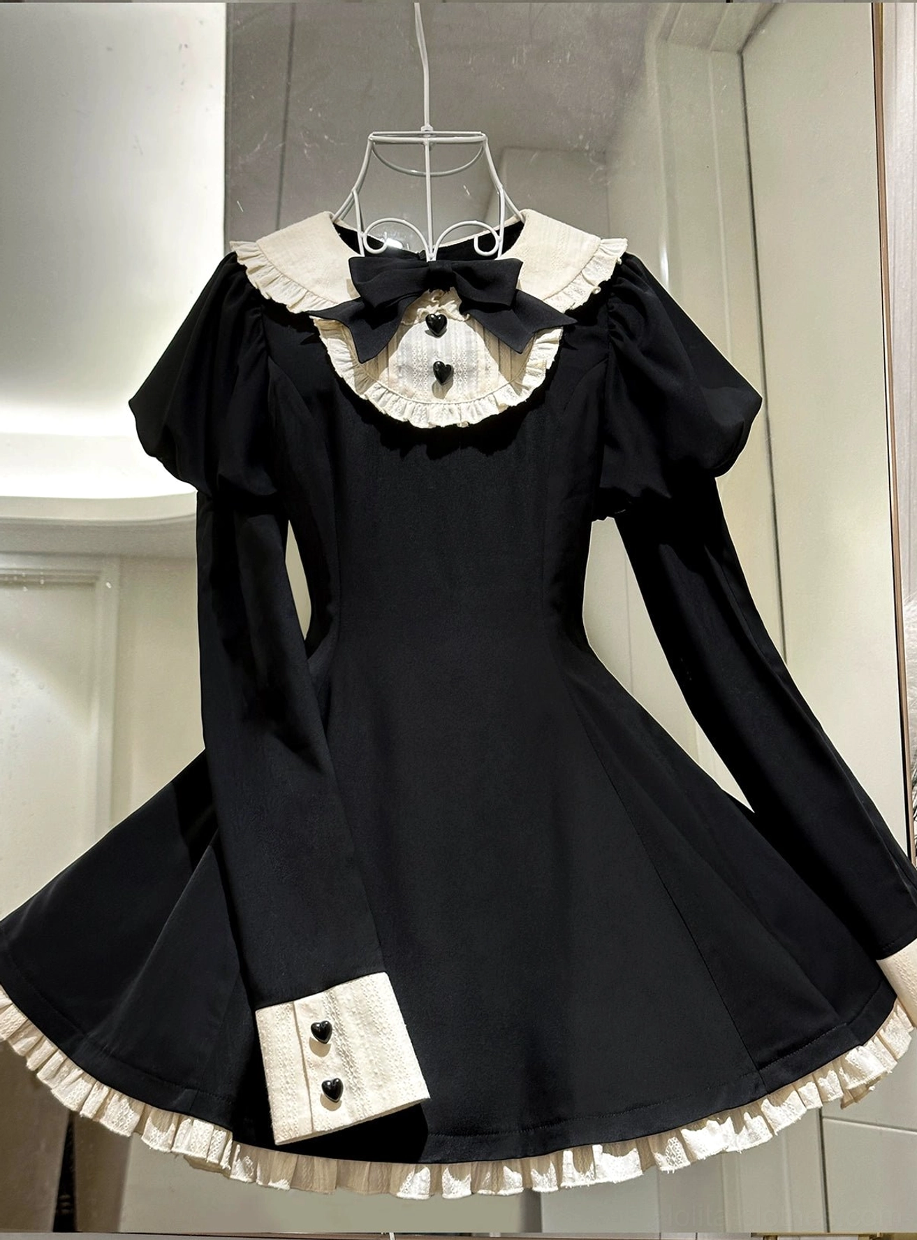 Maidette halloween lolita OP dress extended length version in size M showing knee-length silhouette with decorative bows ruffled apron and cream accents