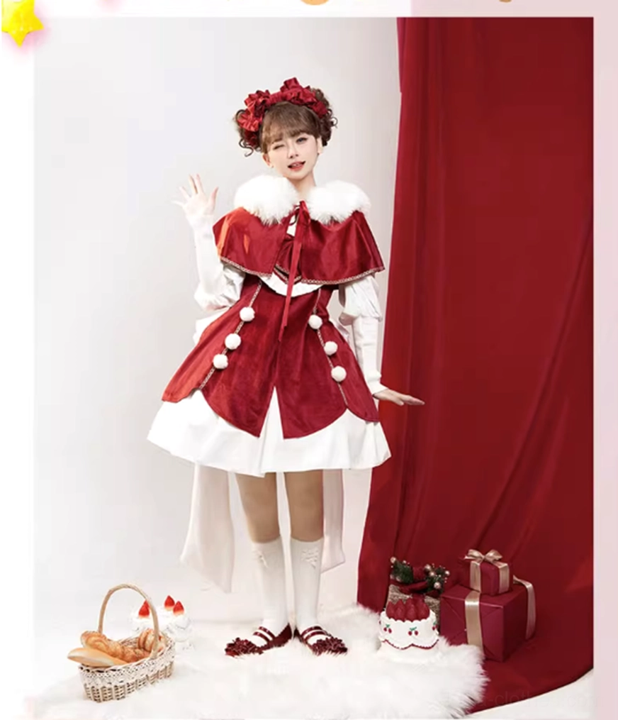 Making wish sweet lolita JSK full side body view red velvet white pom-pom trims matching fur cape hair bow